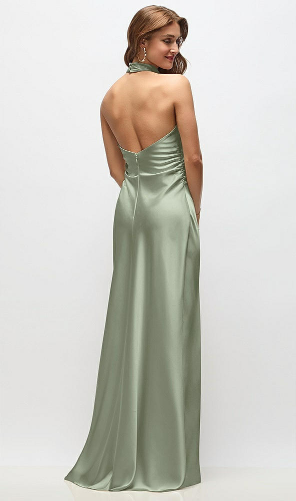 Back View - Sage High Cowl Neck Open-Back Stretch Satin Bias Maxi Dress