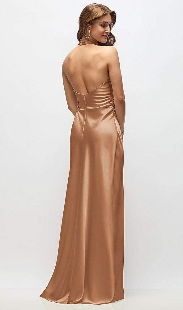 Back View - Toffee High Cowl Neck Open-Back Stretch Satin Bias Maxi Dress
