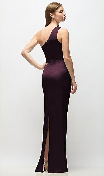 One-shoulder Draped Bodice Stretch Satin Column Maxi Bridesmaid Dress In Deep Plum | The Dessy Group One-shoulder Draped Bodice Stretch Satin Column Maxi Bridesmaid Dress In Deep Plum | The Dessy Group