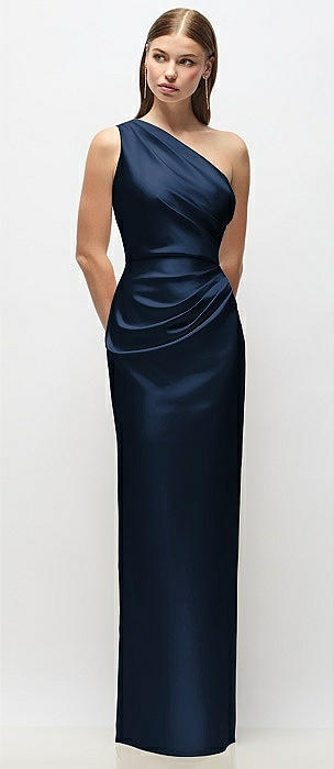 One-Shoulder Draped Bodice Stretch Satin Column Maxi Dress