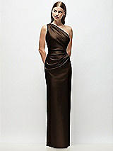 Front View Thumbnail - Espresso One-Shoulder Draped Bodice Stretch Satin Column Maxi Dress