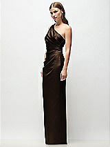 Side View Thumbnail - Espresso One-Shoulder Draped Bodice Stretch Satin Column Maxi Dress