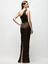 Rear View Thumbnail - Espresso One-Shoulder Draped Bodice Stretch Satin Column Maxi Dress