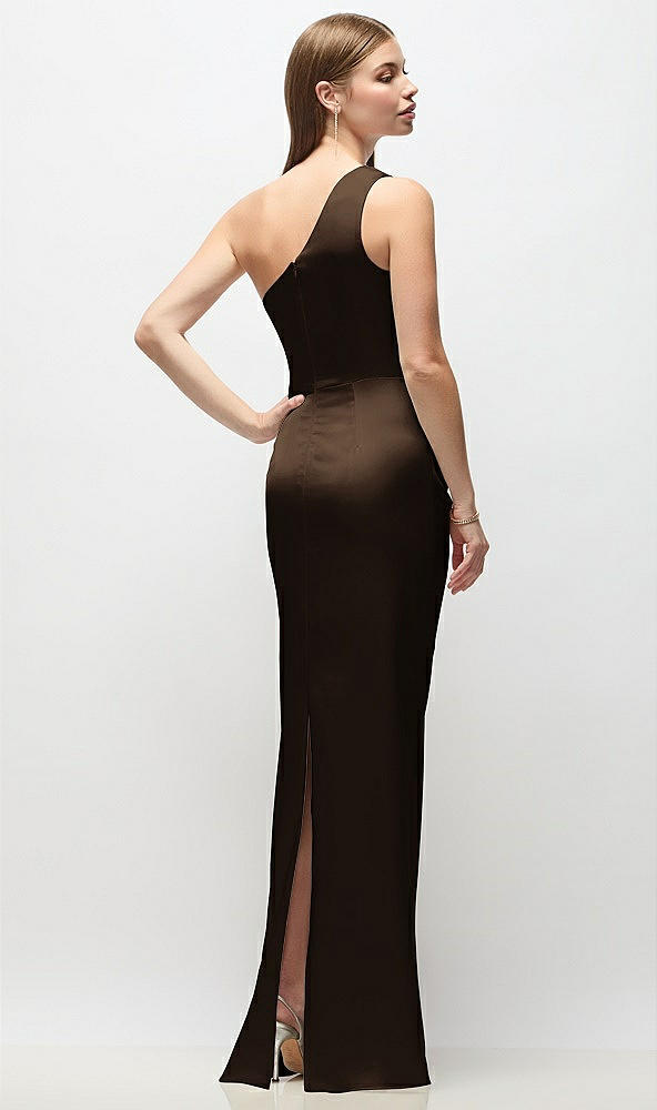 Back View - Espresso One-Shoulder Draped Bodice Stretch Satin Column Maxi Dress