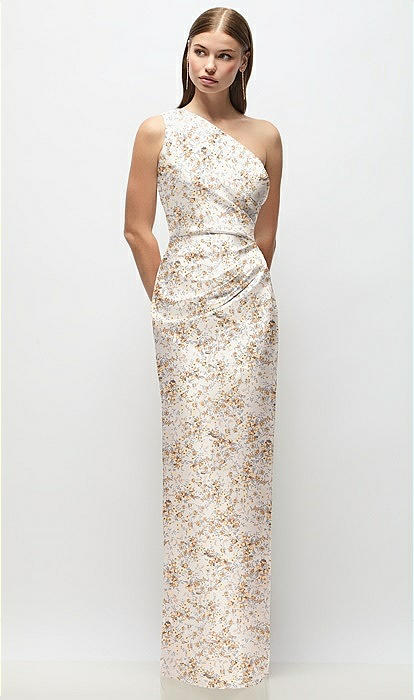 One-shoulder Draped Bodice Floral Stretch Satin Column Maxi Bridesmaid Dress In Golden Hour | The Dessy Group One-shoulder Draped Bodice Floral Stretch Satin Column Maxi Bridesmaid Dress In Golden Hour | The Dessy Group