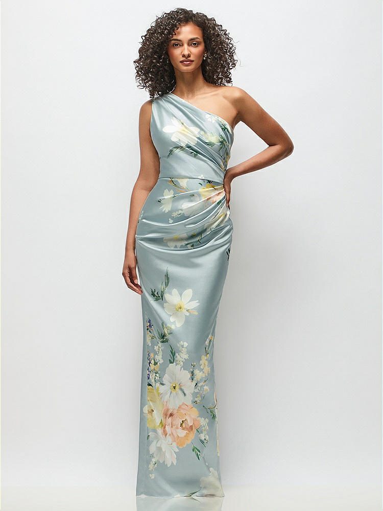 Draped One-shoulder Bias Painterly Floral Stretch Satin Maxi