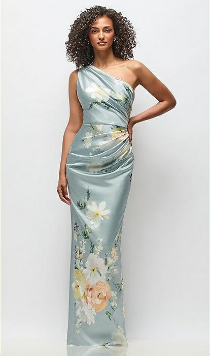 ワンピース HOLIDAY FLOWER PADDED SHOULDER LONGDRESS Hibiscus Pink Bow One-shoulder Floral Jacquard Maxi Bridesmaid