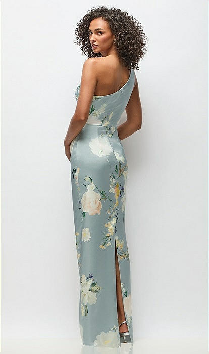 One-shoulder Draped Bodice Painterly Floral Stretch Satin Column Maxi  Bridesmaid Dress In Mist Multi | The Dessy Group