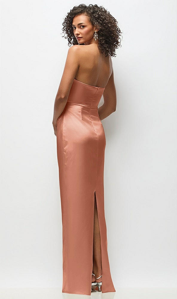 Back View - Copper Penny Strapless Draped Bodice Stretch Satin Column Maxi Dress