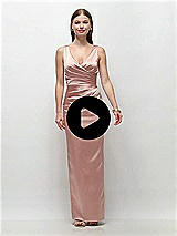Video 1 Thumbnail - Midnight Navy Sleeveless Draped Wrap Bodice Stretch Satin Column Maxi Dress