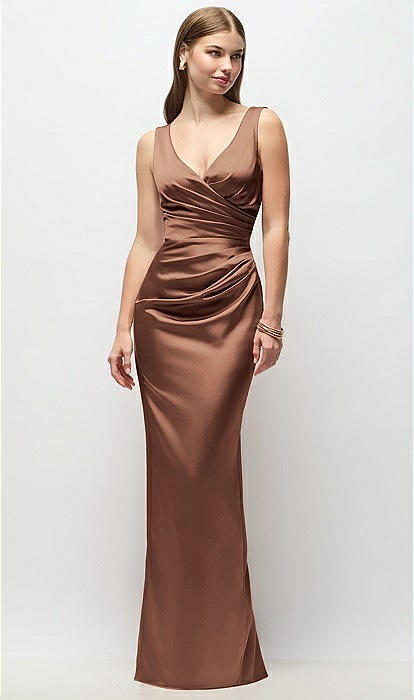 Sleeveless Draped Wrap Bodice Stretch Satin Column Maxi Bridesmaid Dress In  Cognac | The Dessy Group