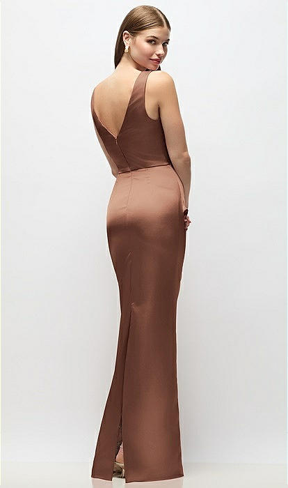 Sleeveless Draped Wrap Bodice Stretch Satin Column Maxi Bridesmaid Dress In  Cognac | The Dessy Group