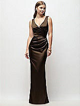 Front View Thumbnail - Espresso Sleeveless Draped Wrap Bodice Stretch Satin Column Maxi Dress
