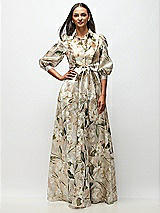 Front View Thumbnail - Plumeria Floral Print Floral Metallic Organza Jacquard Shirt Dress with Full Maxi Skirt & Sash