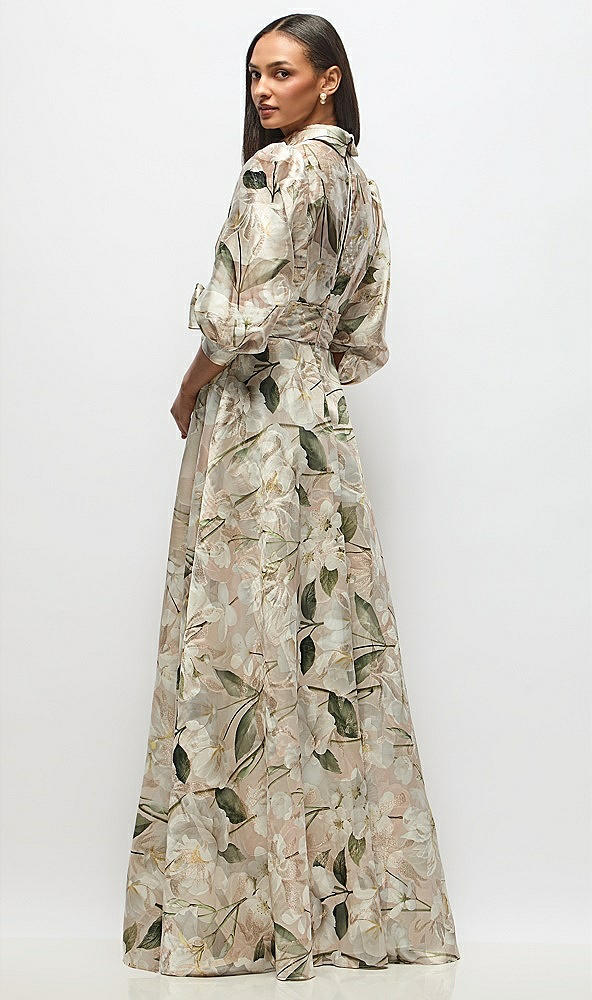Back View - Plumeria Floral Print Floral Metallic Organza Jacquard Shirt Dress with Full Maxi Skirt & Sash