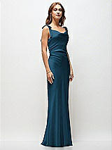 Front View Thumbnail - Atlantic Blue Soft Cowl Neck Ruched Side Satin Bias Maxi Dress with Shoulder Bows