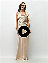 Video 1 Thumbnail - Ivory Soft Cowl Neck Ruched Side Satin Bias Maxi Dress with Shoulder Bows