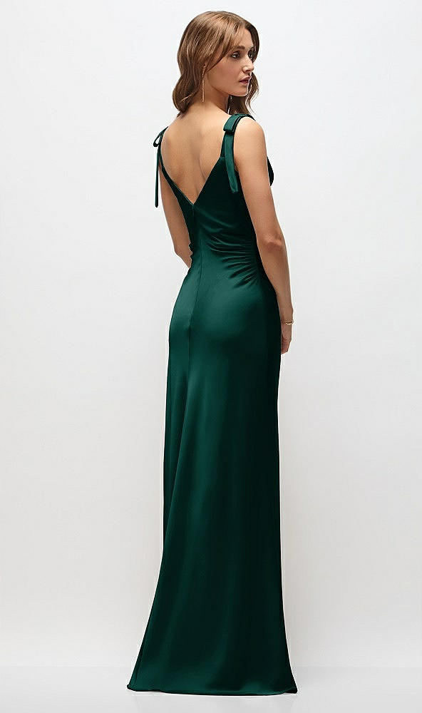Back View - Evergreen Soft Cowl Neck Ruched Side Satin Bias Maxi Dress with Shoulder Bows