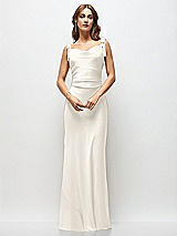Side View Thumbnail - Ivory Soft Cowl Neck Ruched Side Satin Bias Maxi Dress with Shoulder Bows