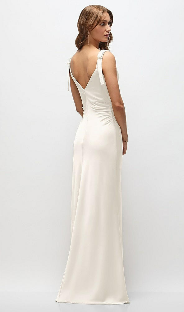 Back View - Ivory Soft Cowl Neck Ruched Side Satin Bias Maxi Dress with Shoulder Bows