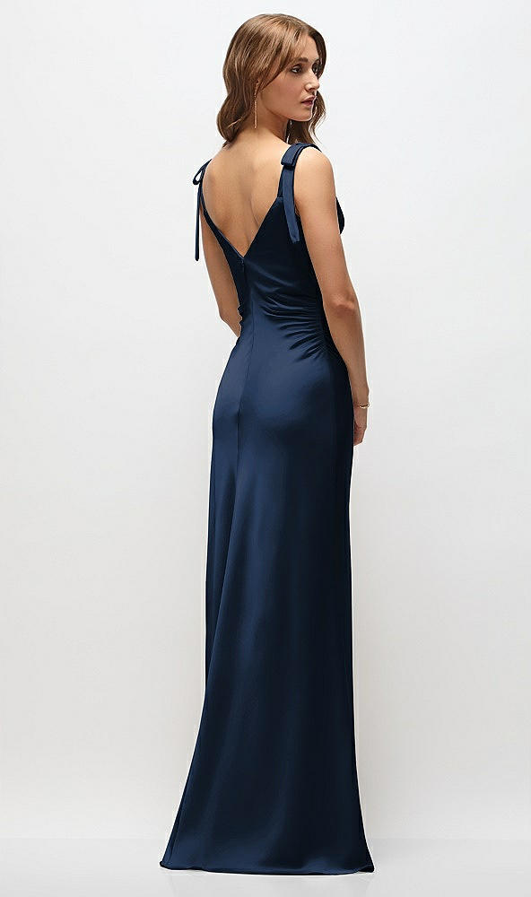 Back View - Midnight Navy Soft Cowl Neck Ruched Side Satin Bias Maxi Dress with Shoulder Bows