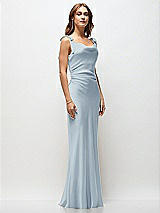 Front View Thumbnail - Mist Soft Cowl Neck Ruched Side Satin Bias Maxi Dress with Shoulder Bows