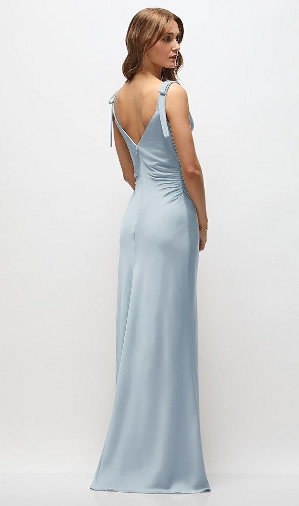 Back View - Mist Soft Cowl Neck Ruched Side Satin Bias Maxi Dress with Shoulder Bows