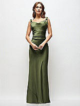 Side View Thumbnail - Olive Green Soft Cowl Neck Ruched Side Satin Bias Maxi Dress with Shoulder Bows