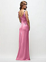 Rear View Thumbnail - Orchid Pink Soft Cowl Neck Ruched Side Satin Bias Maxi Dress with Shoulder Bows