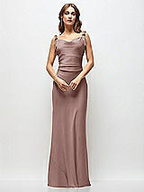 Side View Thumbnail - Sienna Soft Cowl Neck Ruched Side Satin Bias Maxi Dress with Shoulder Bows