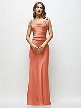 Side View Thumbnail - Terracotta Copper Soft Cowl Neck Ruched Side Satin Bias Maxi Dress with Shoulder Bows