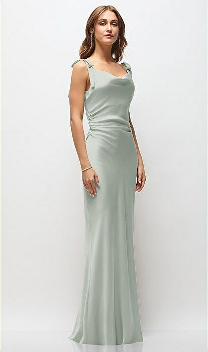 Soft Cowl Neck Ruched Side Satin Bias Maxi Bridesmaid Dress With Shoulder Bows In Willow Green | The Dessy Group Soft Cowl Neck Ruched Side Satin Bias Maxi Bridesmaid Dress With Shoulder Bows In Willow Green | The Dessy Group