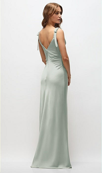 Soft Cowl Neck Ruched Side Satin Bias Maxi Bridesmaid Dress With Shoulder  Bows In Willow Green | The Dessy Group
