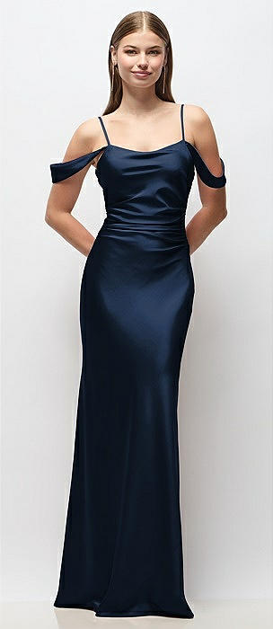 Off-the-Shoulder Swag Ruched Side Satin Bias Maxi Dress with Adjustable Spaghetti Straps