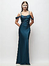 Front View Thumbnail - Atlantic Blue Off-the-Shoulder Swag Ruched Side Satin Bias Maxi Dress with Adjustable Spaghetti Straps