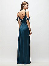 Rear View Thumbnail - Atlantic Blue Off-the-Shoulder Swag Ruched Side Satin Bias Maxi Dress with Adjustable Spaghetti Straps