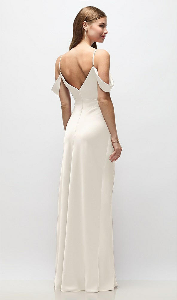 Back View - Ivory Off-the-Shoulder Swag Ruched Side Satin Bias Maxi Dress with Adjustable Spaghetti Straps