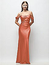 Front View Thumbnail - Terracotta Copper Off-the-Shoulder Swag Ruched Side Satin Bias Maxi Dress with Adjustable Spaghetti Straps