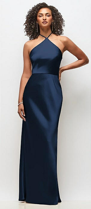 High-Neck Halter Stretch Satin Maxi Dress with Bias A-line Skirt