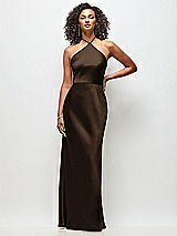 Front View Thumbnail - Espresso High-Neck Halter Stretch Satin Maxi Dress with Bias A-line Skirt