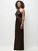 Side View Thumbnail - Espresso High-Neck Halter Stretch Satin Maxi Dress with Bias A-line Skirt
