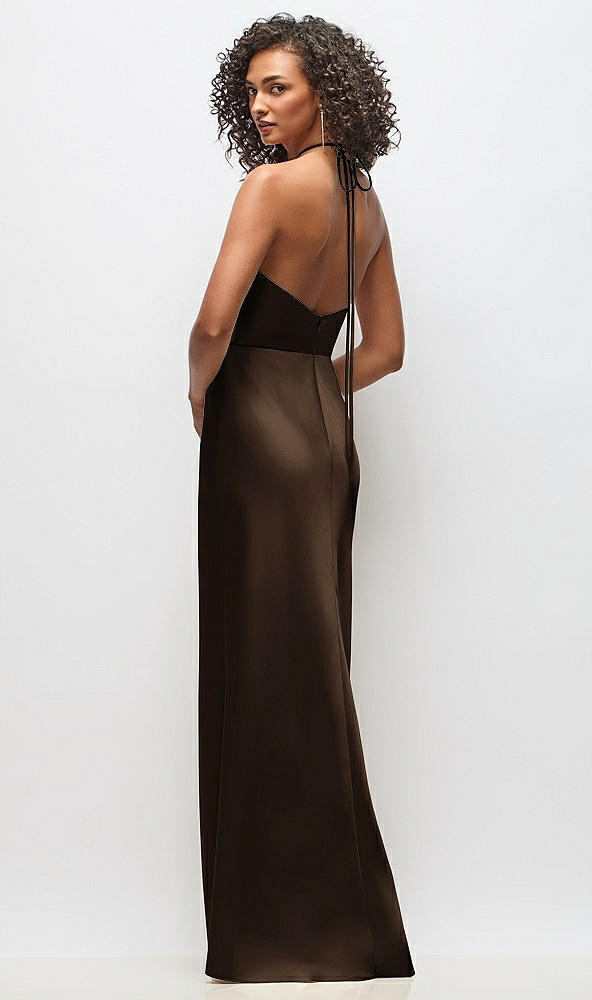 Back View - Espresso High-Neck Halter Stretch Satin Maxi Dress with Bias A-line Skirt