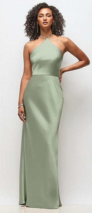 slim fit dress slacks Berylove Women Sheath Sage Halter Bridesmaid Dress Backless Sleeveless Maxi Wedding Guest Dress, Sage / US8