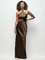 Front View Thumbnail - Espresso High-Neck Halter Floral Stretch Satin Maxi Dress with Bias A-line Skirt