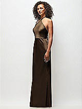Side View Thumbnail - Espresso High-Neck Halter Floral Stretch Satin Maxi Dress with Bias A-line Skirt