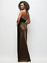Rear View Thumbnail - Espresso High-Neck Halter Floral Stretch Satin Maxi Dress with Bias A-line Skirt