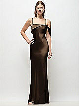 Front View Thumbnail - Espresso Asymmetrical Cuff Neck Stretch Satin Bias Maxi Dress with Adjustable Spaghetti Straps