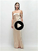 Video 1 Thumbnail - Oat Asymmetrical Cuff Neck Stretch Satin Bias Maxi Dress with Adjustable Spaghetti Straps