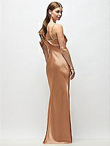 Rear View Thumbnail - Toffee Asymmetrical Cuff Neck Stretch Satin Bias Maxi Dress with Adjustable Spaghetti Straps