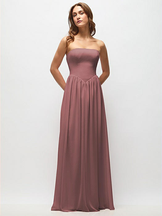 Strapless Basque Drop Waist Chiffon Maxi Dress with Shirred Skirt 